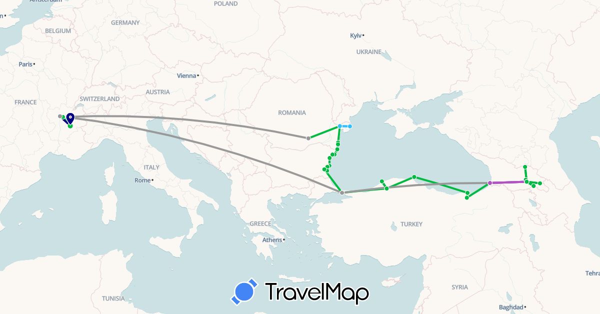 TravelMap itinerary: driving, bus, plane, train, boat, hitchhiking in Bulgaria, France, Georgia, Romania, Turkey (Asia, Europe)